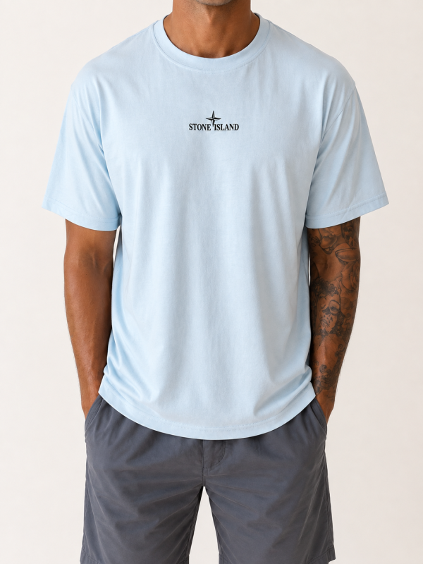 Light Blue Stone Island – small black front logo / large black back graphic view 1